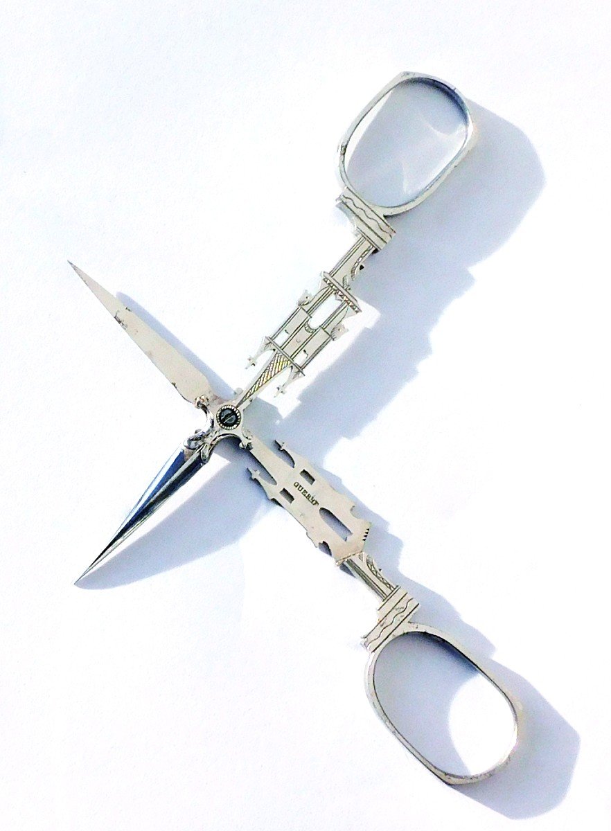 Pair Of Old Embroidery Scissors Cathedral Shape In Steel Late 19th Early 20th Century Signed War-photo-3