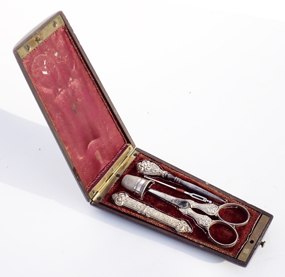 Silver Sewing Kit In A 19th Century Inlaid Box