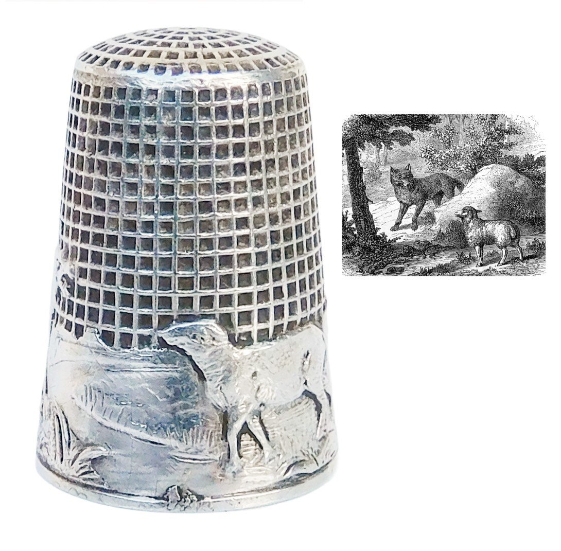 Thimble In Sterling Silver Fable De La Fontaine The Wolf And The Lamb Early 20th Century