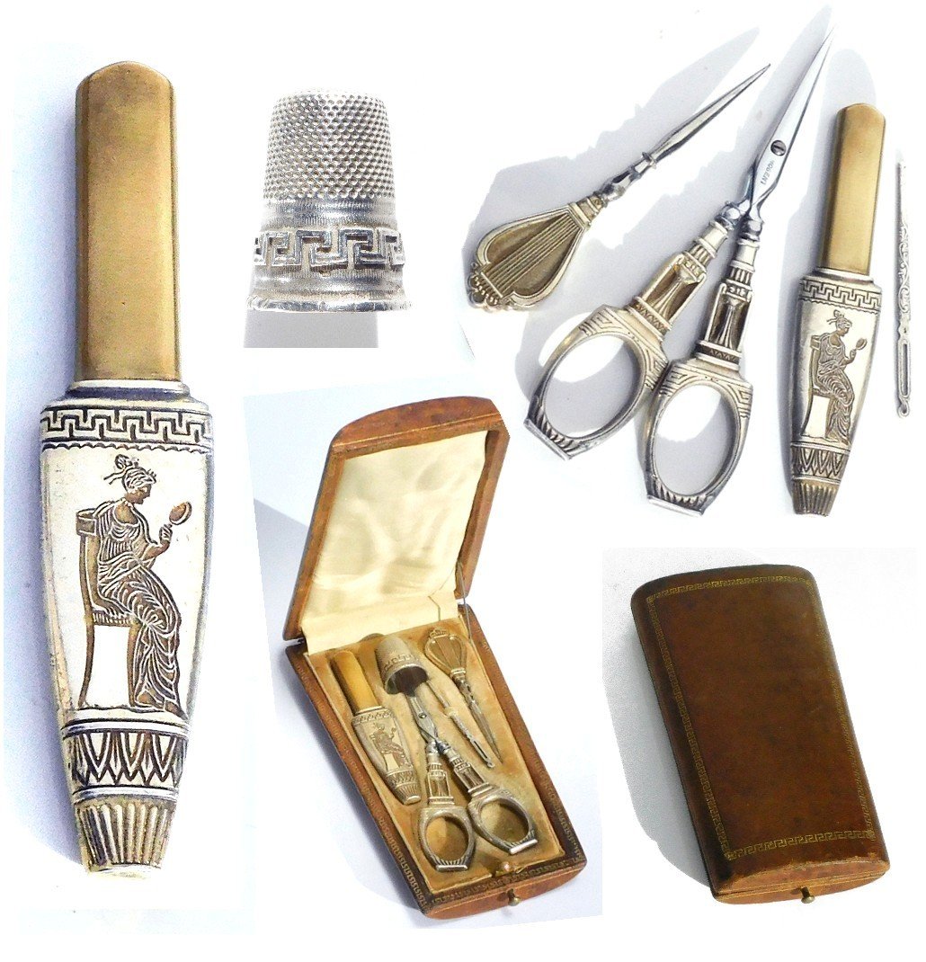 Sewing Kit Late 19th Early 20th Silver Vermeil Woman With Mirror