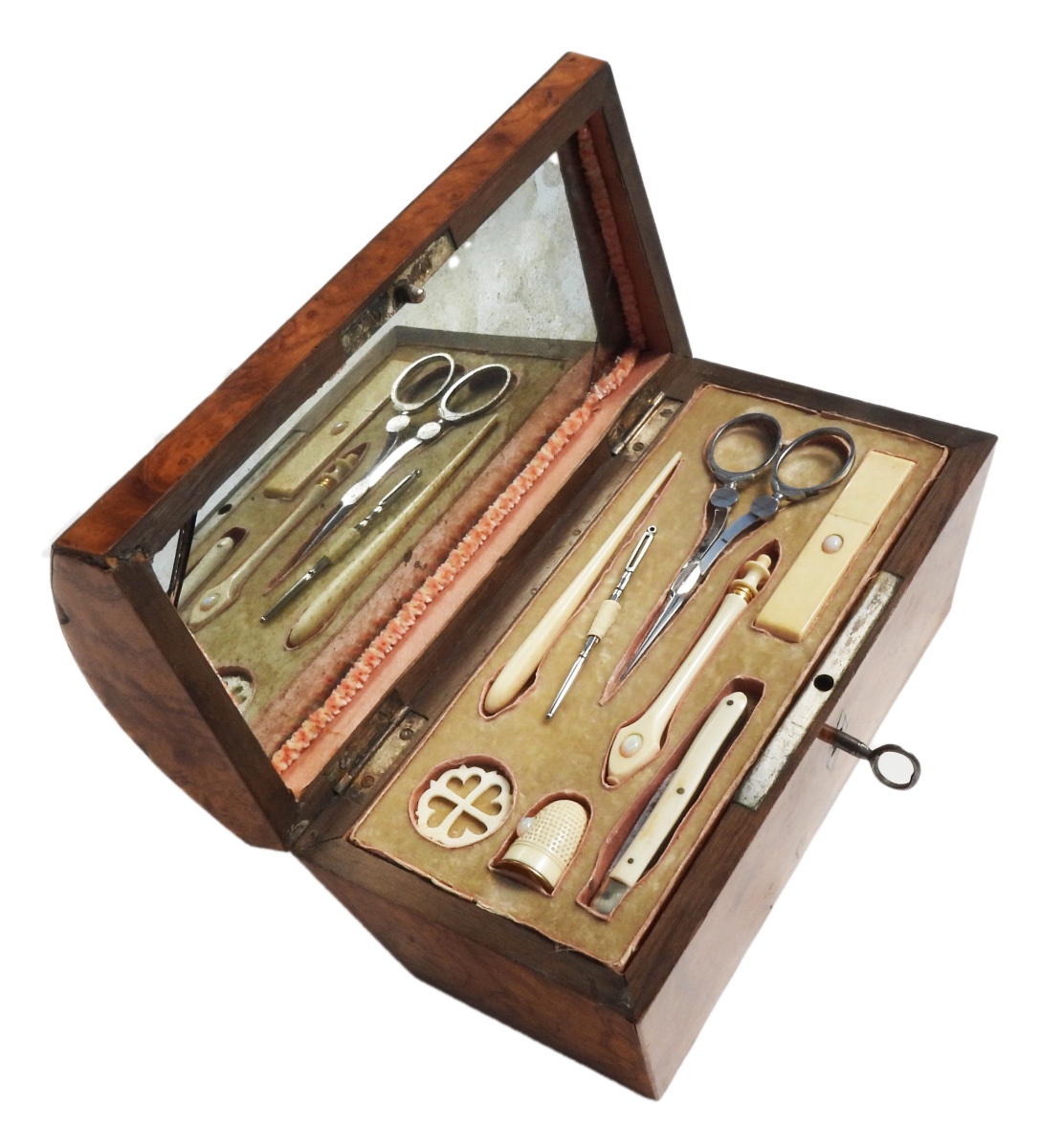Boite Coffret Nécessaire De Couture XIXe Restauration Ciseaux Aciers Outils Os  Ivoire-photo-2