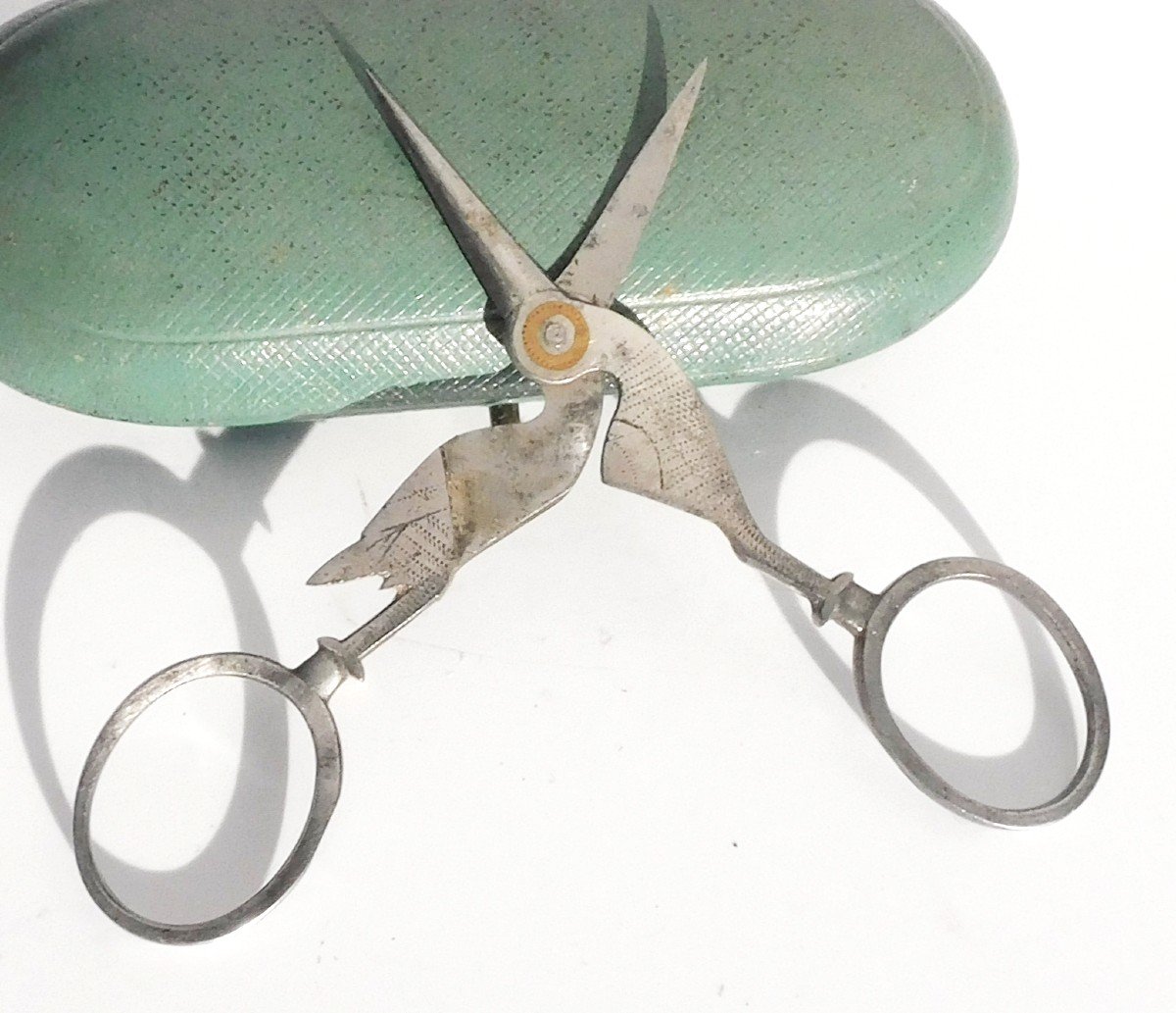 Pair Of Antique Steel Embroidery Scissors, Early 20th Century, Woodcock Shape-photo-2