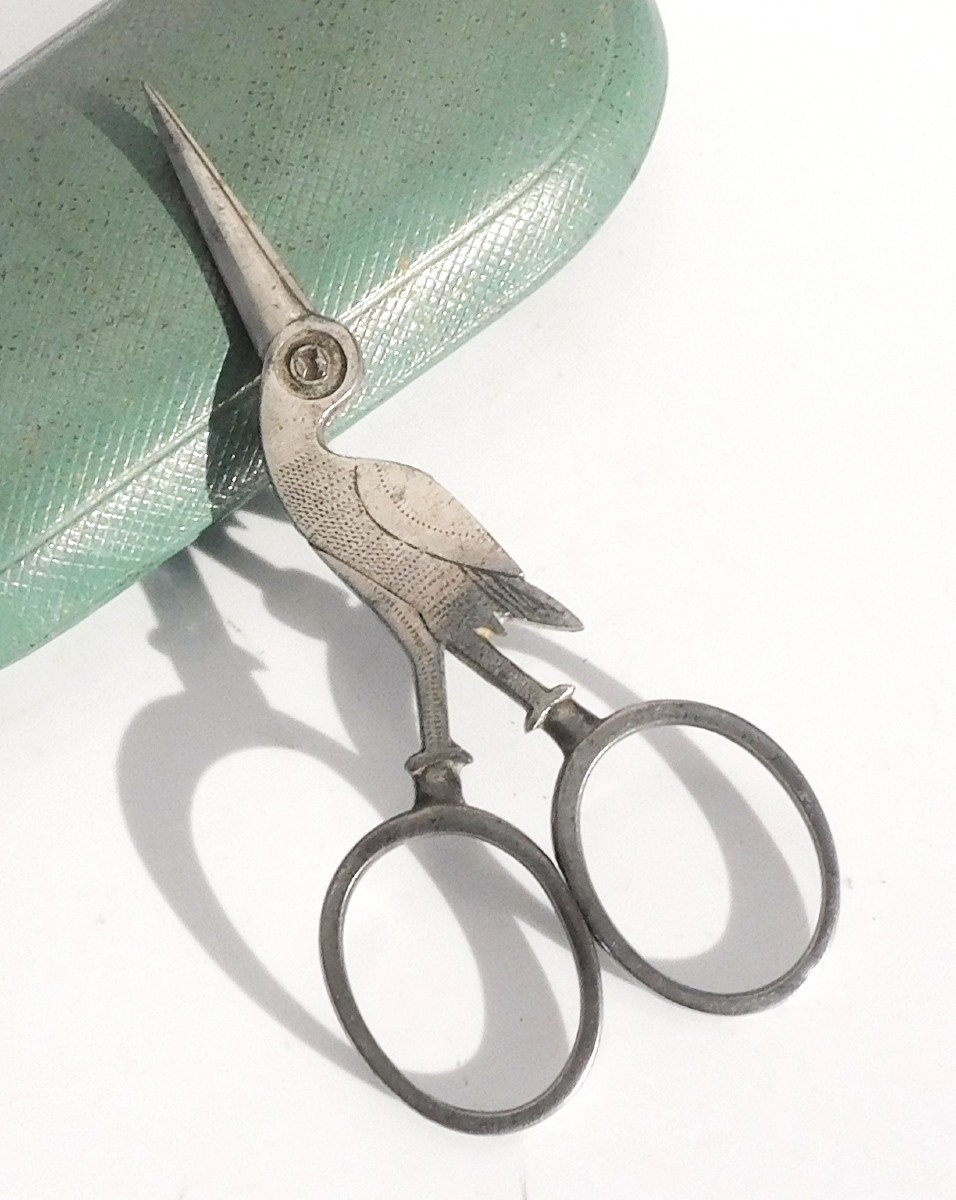 Pair Of Antique Steel Embroidery Scissors, Early 20th Century, Woodcock Shape-photo-3