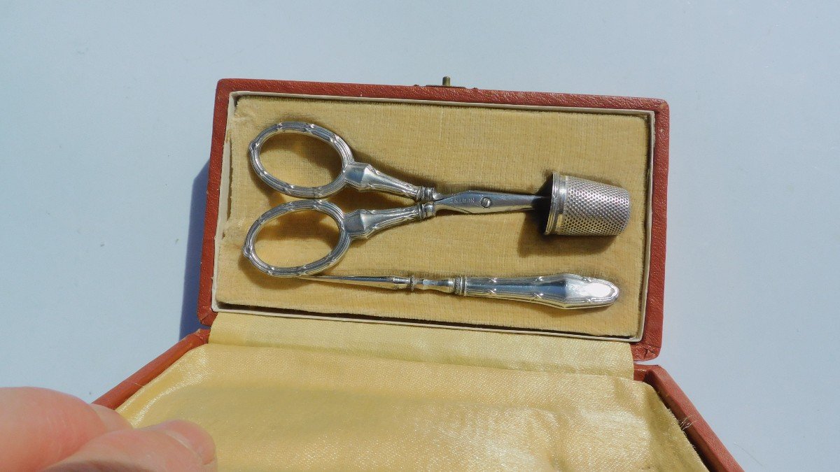 Early 20th Century Silver Sewing Kit, Scissors, Thimble, Embroidery Punch-photo-2