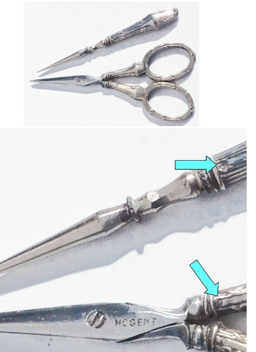 Early 20th Century Silver Sewing Kit, Scissors, Thimble, Embroidery Punch-photo-6