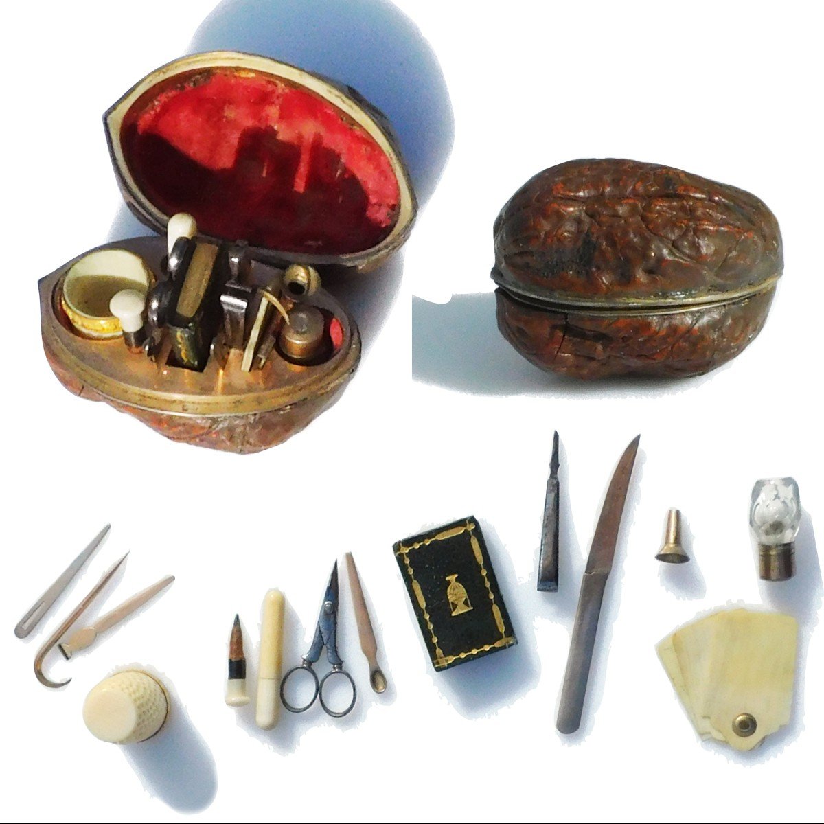 Miniature Toilet Sewing Kit In A Walnut Scissors Thimble Early 19th Century Bottle 