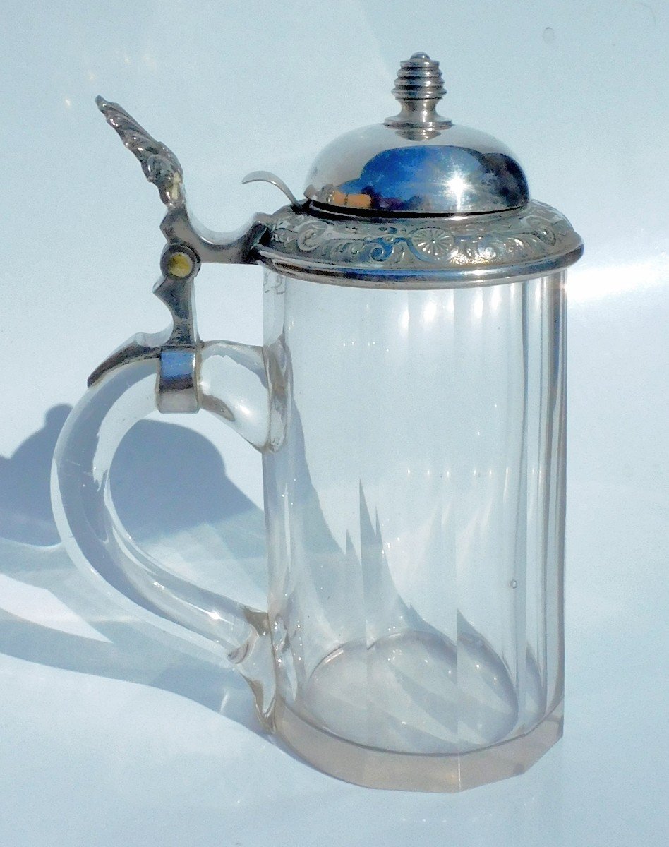 Large Old Glass And Silver Metal Beer Mug With Bell-photo-4