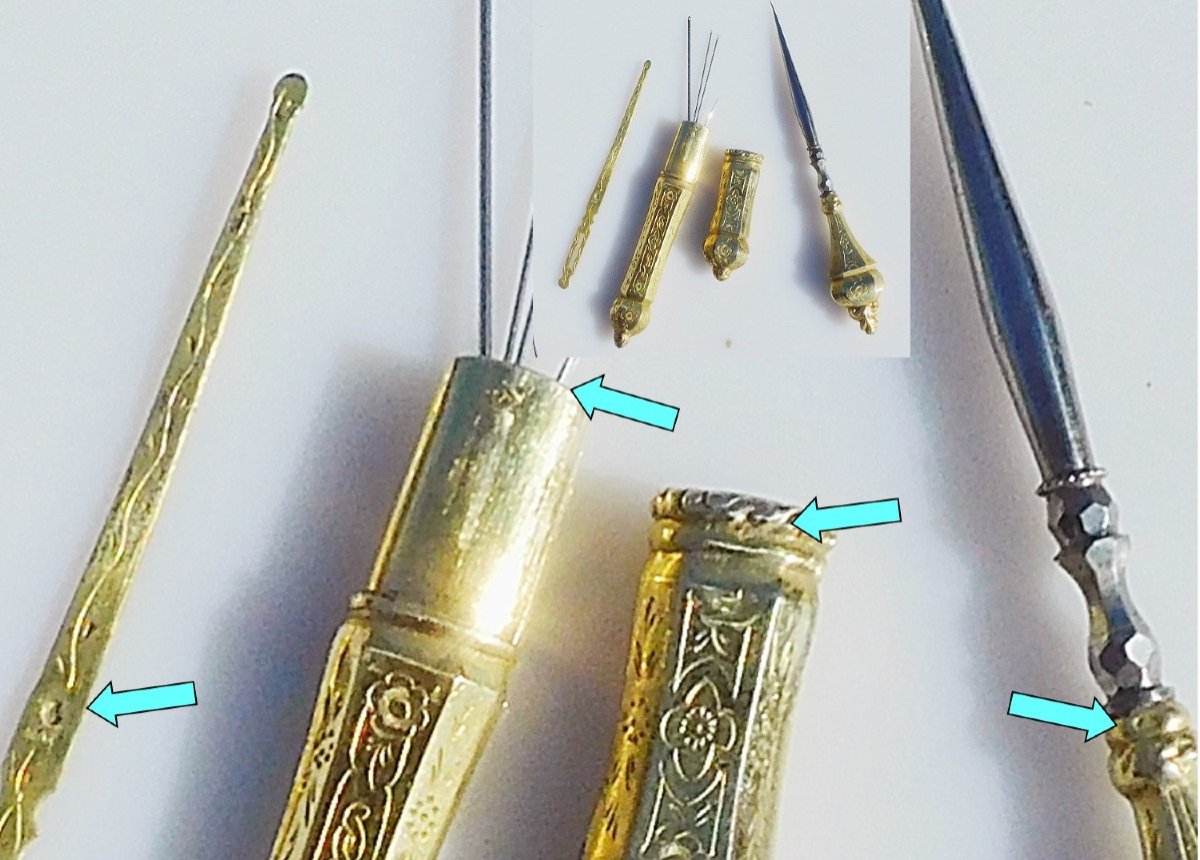 Nécessaire à Couture Ancien En Vermeil Argent Or Dans Un Coffret écaille De Tortue Napoléon III-photo-8