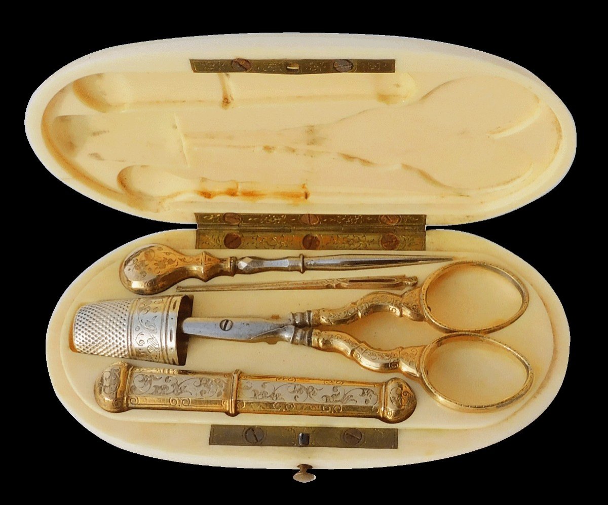 Napoleon III Gold Plated Silver Vermeil Sewing Kit Ivory Box 1850-photo-2