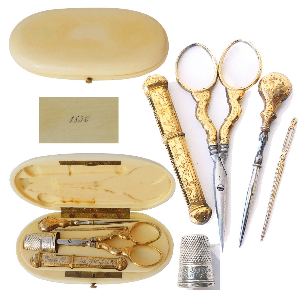 Napoleon III Gold Plated Silver Vermeil Sewing Kit Ivory Box 1850