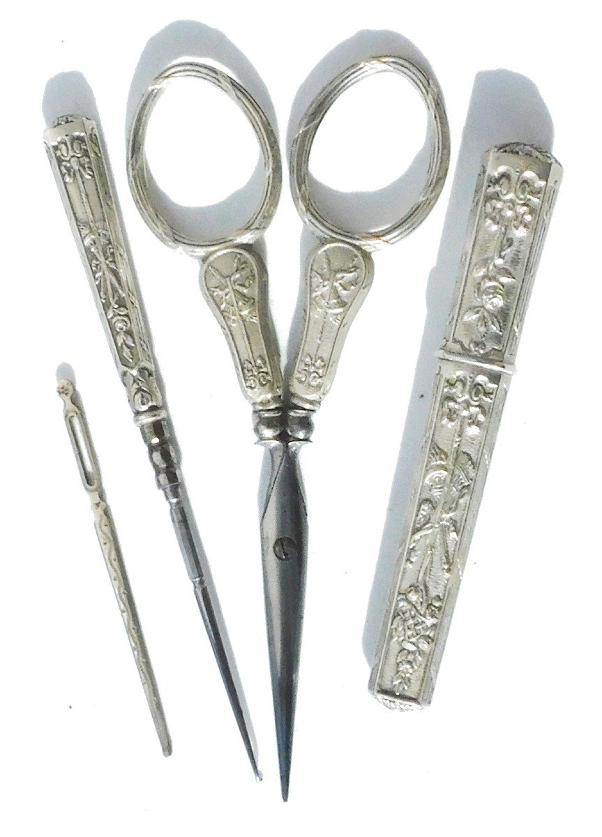 Sewing Kit Late 19th Century Sterling Silver Embroidery Scissors Thimble Needle Case-photo-3