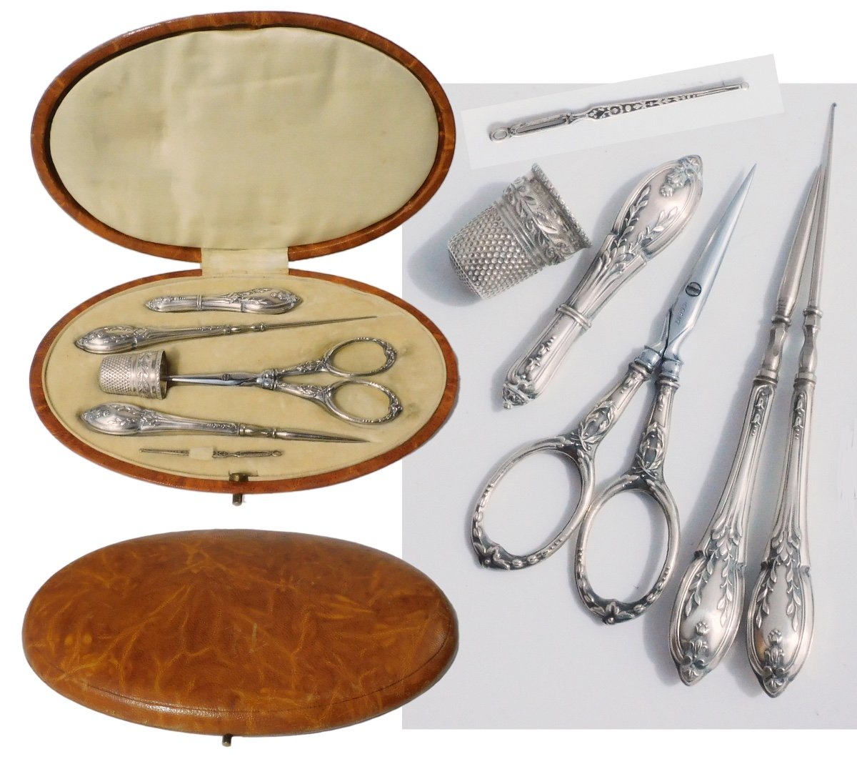 Solid Silver Sewing Kit Box, Late 19th Early 20th Century, Scissors, Thimble, Crochet 