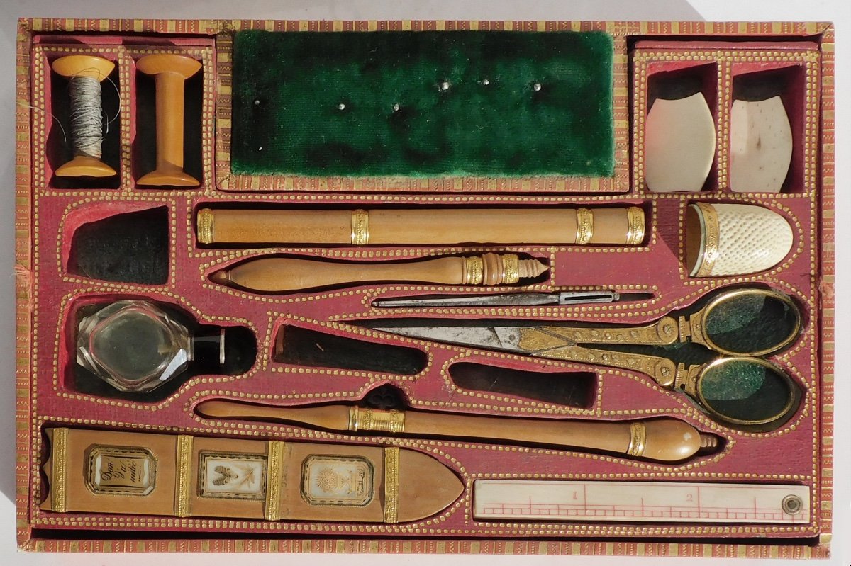 Travel Kit Sewing Embroidery Crochet Mahogany Box Palais Royal Early 19th Century-photo-3