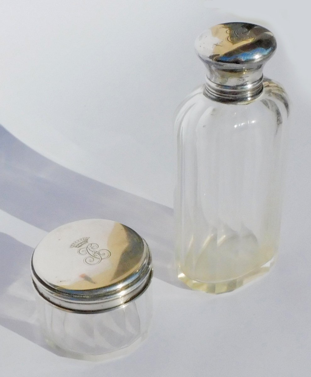 Toiletries Set Perfume Bottle And Powder Bottle In Crystal And Silver 19th Century-photo-3