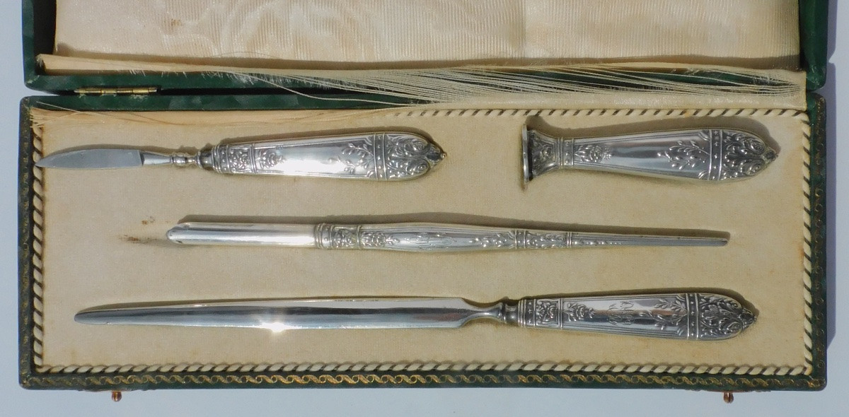 Coffret Nécessaire d'écriture Argent Massif Ouvre Lettre Sceau Porte Plume fin XIXe début XXe-photo-3