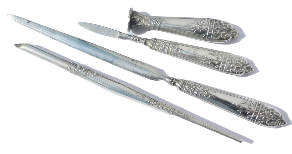 Coffret Nécessaire d'écriture Argent Massif Ouvre Lettre Sceau Porte Plume fin XIXe début XXe-photo-4