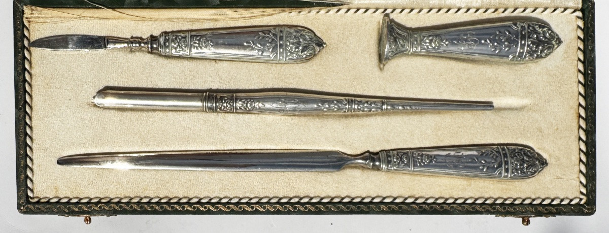 Solid Silver Writing Set Letter Opener Seal Pen Holder Late 19th Early 20th Century-photo-5