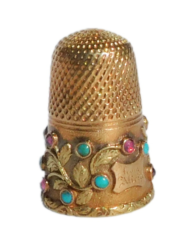 Solid Gold Thimble Decorated With Pink And Turquoise Stones, Late 19th And Early 20th Century-photo-2