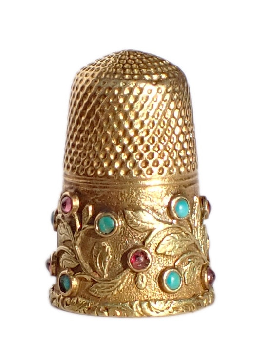 Solid Gold Thimble Decorated With Pink And Turquoise Stones, Late 19th And Early 20th Century