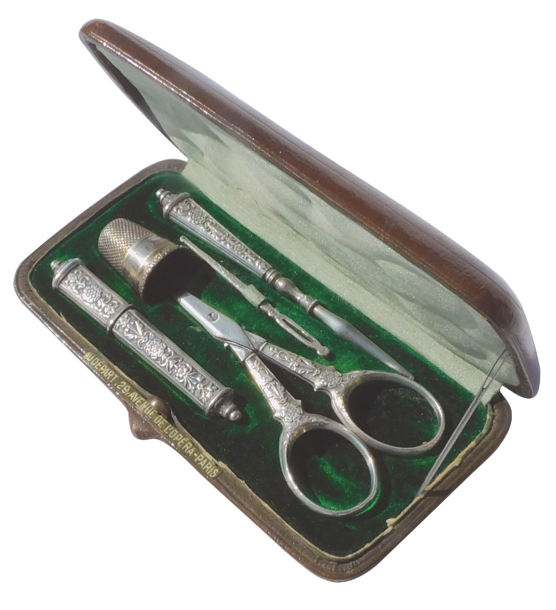 Late 19th Century Solid Silver Sewing Kit: Embroidery Scissors, Ripper, Awl -photo-2