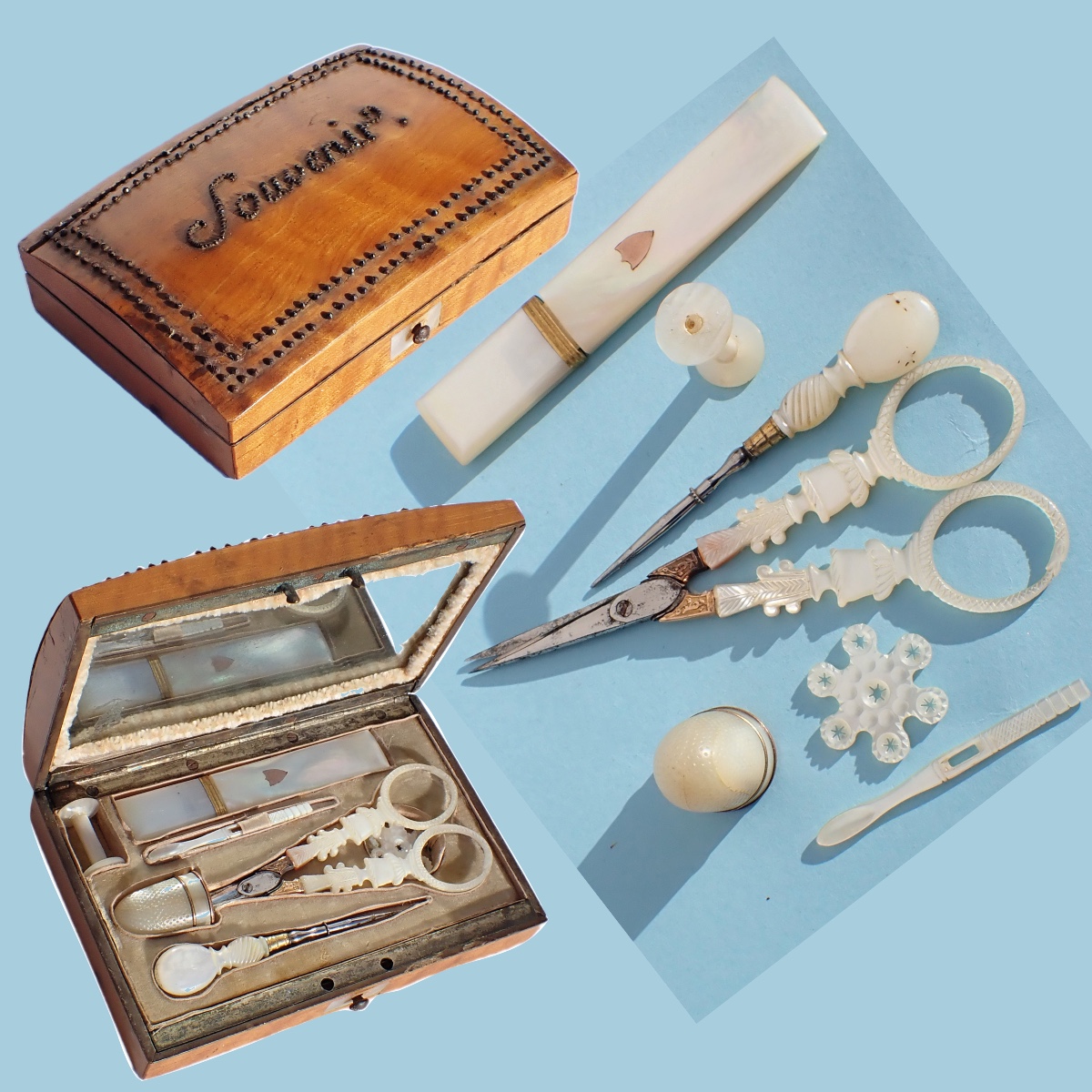19th-century Lemonwood Marquetry Box, Mother-of-pearl Sewing Kit With Scissors And Seam Ripper 