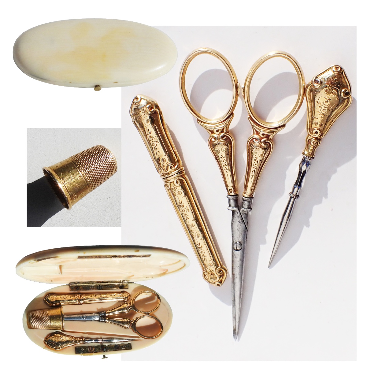 18-karat Solid Gold Sewing Kit, Late 19th Century, Napoleon III Period: Scissors, Thimble