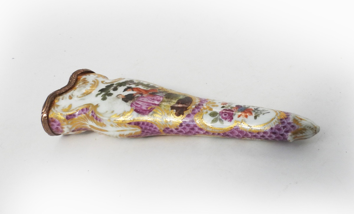 Etui à ciseaux en porcelaine ancien décors de scènes galante fin XVIIIe ciseaux acier-photo-3