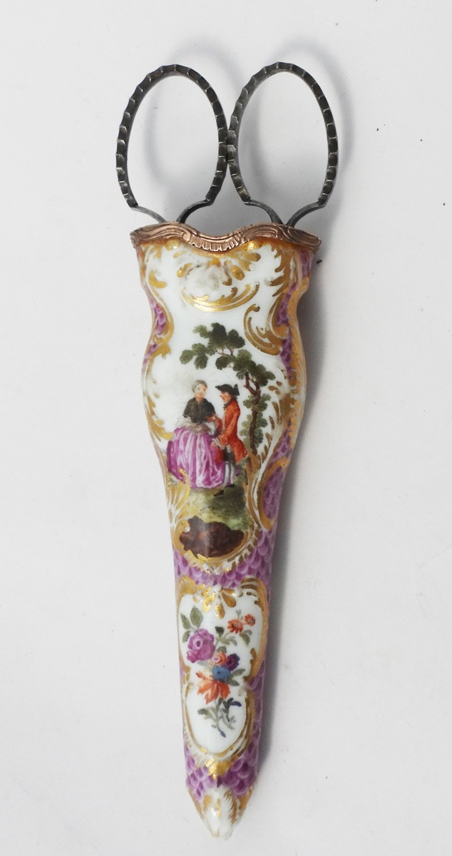Etui à ciseaux en porcelaine ancien décors de scènes galante fin XVIIIe ciseaux acier-photo-4