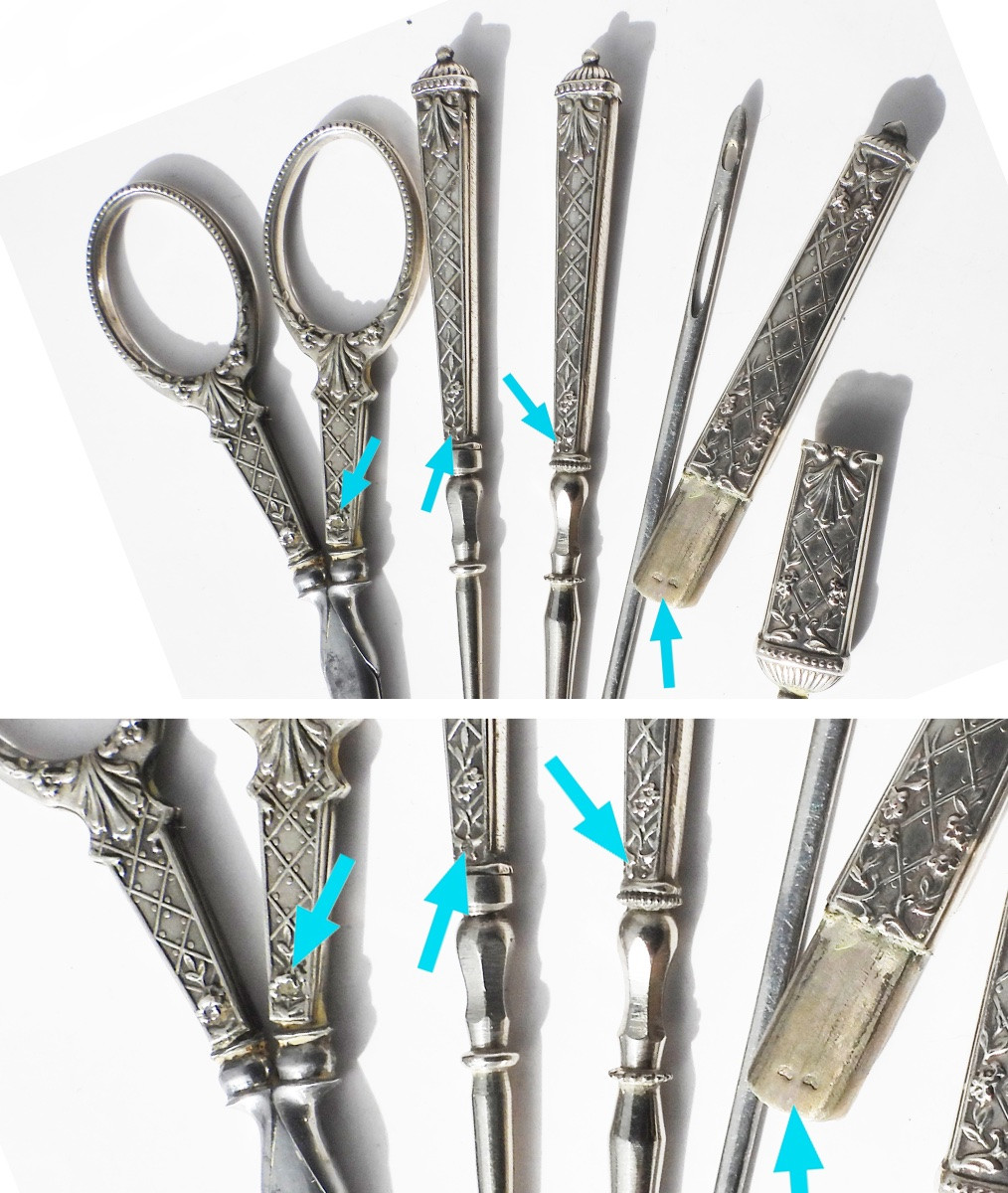 Early 20th Century Solid Silver Sewing Kit: Scissors, Thimble, Crochet Hook, Measuring Tape-photo-1