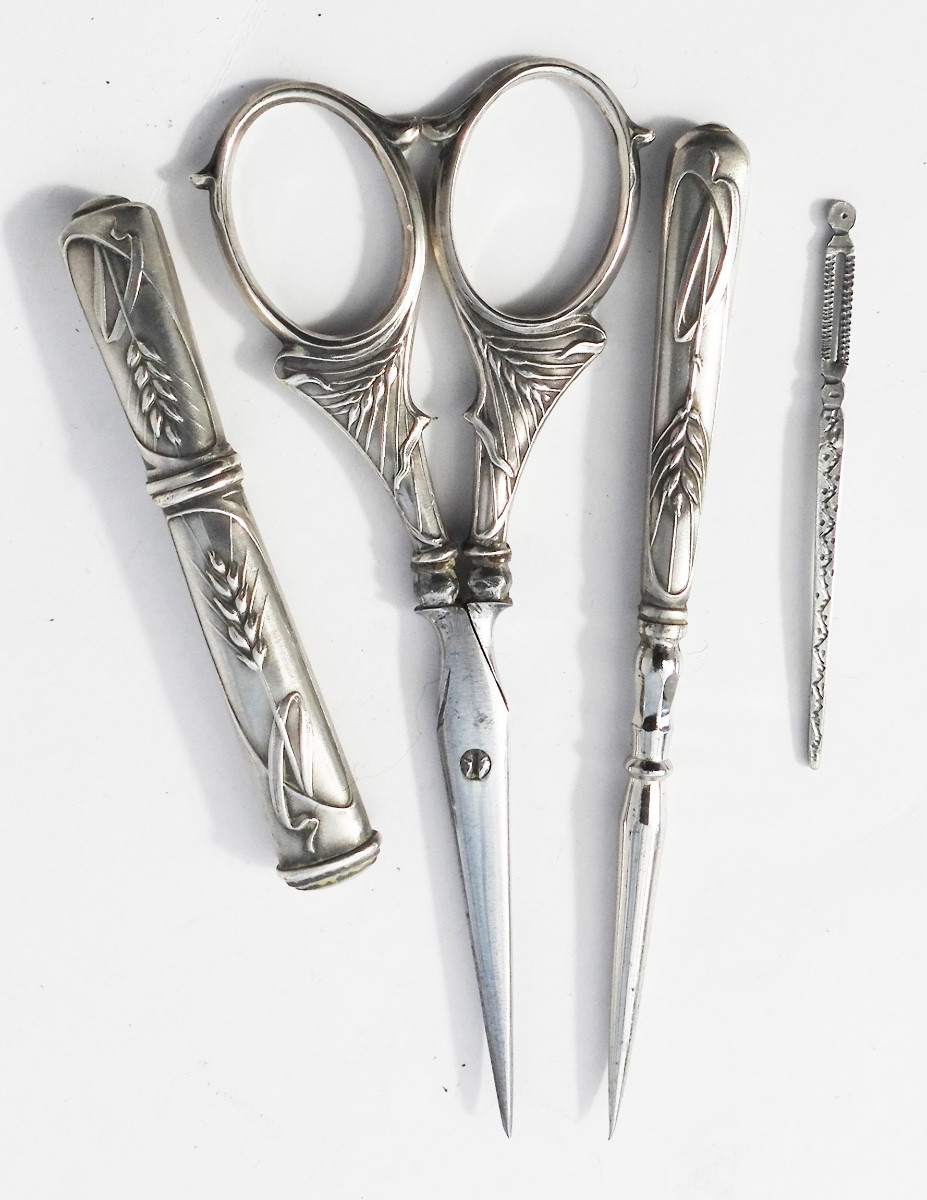 Art Nouveau Solid Silver Sewing Kit, Wheat Design, Late 19th/early 20th Century, Scissors, Thimble-photo-3