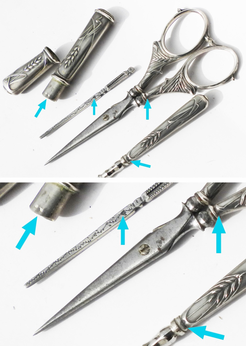 Art Nouveau Solid Silver Sewing Kit, Wheat Design, Late 19th/early 20th Century, Scissors, Thimble-photo-1