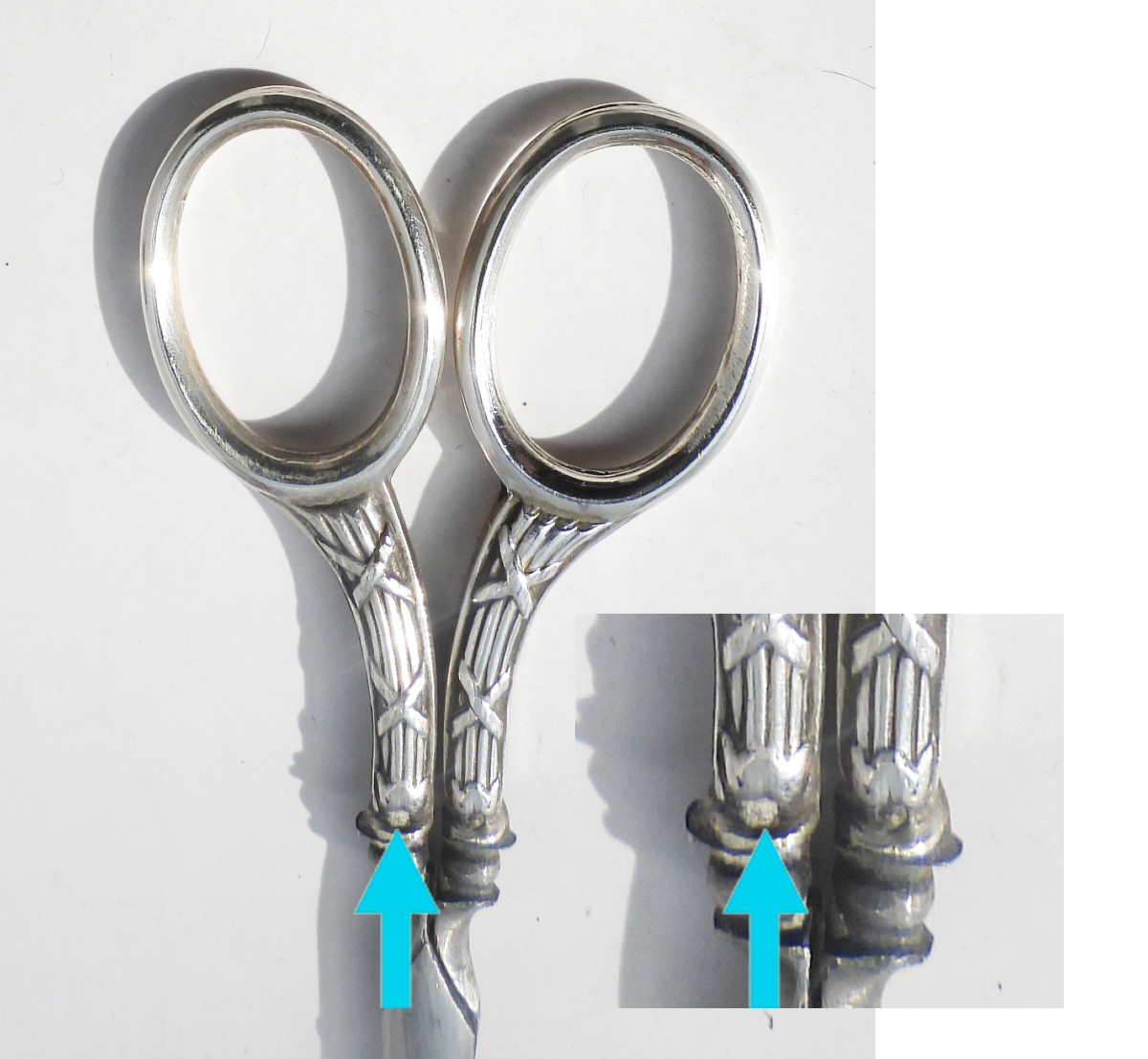 Antique Silver Sewing Kit Early 20th Century Scissors, Thimble-photo-5