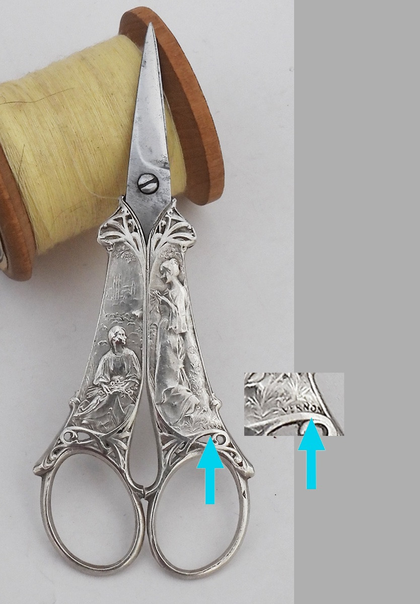 Paire de ciseaux à broder Art Nouveau Nécessaire de couture  signée VERNON  début XXe ARGENT -photo-4