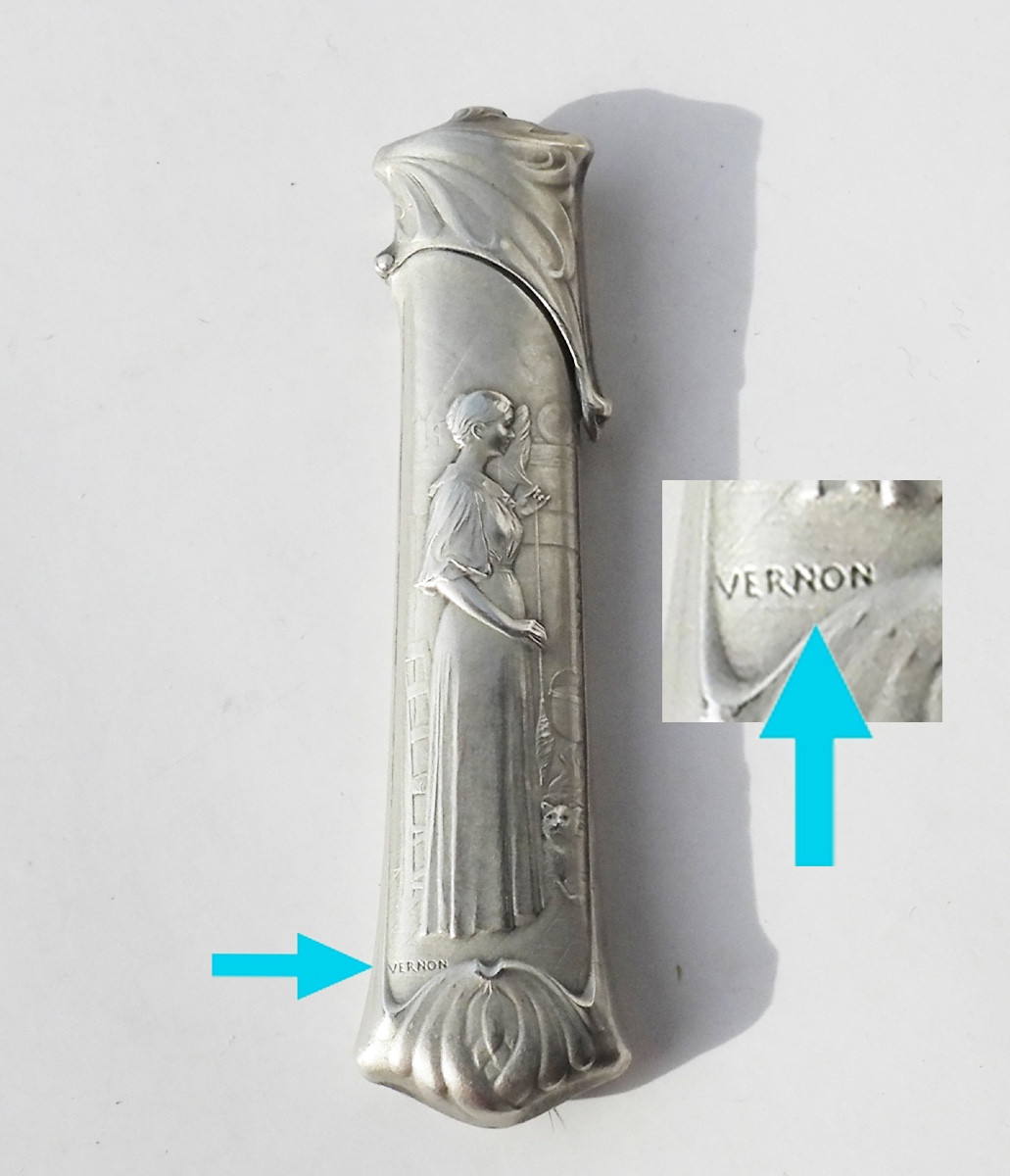 Etui à aiguilles argent massif Art Nouveau les fileuses de Vernon début XIXe nécessaire couture-photo-1