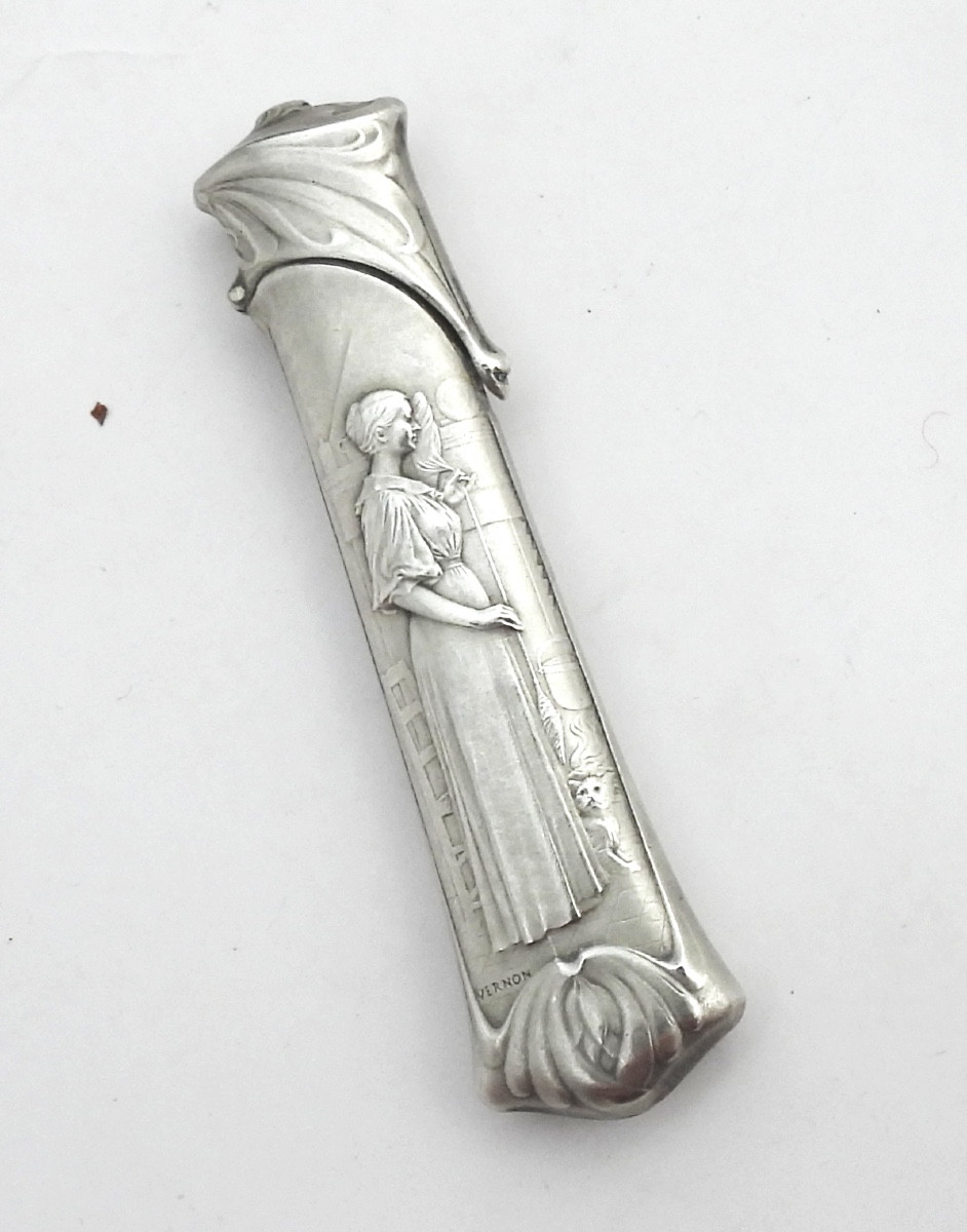 Sterling Silver Needle Case Art Nouveau Les Fileuses De Vernon Early 19th Century Necessary Sewing