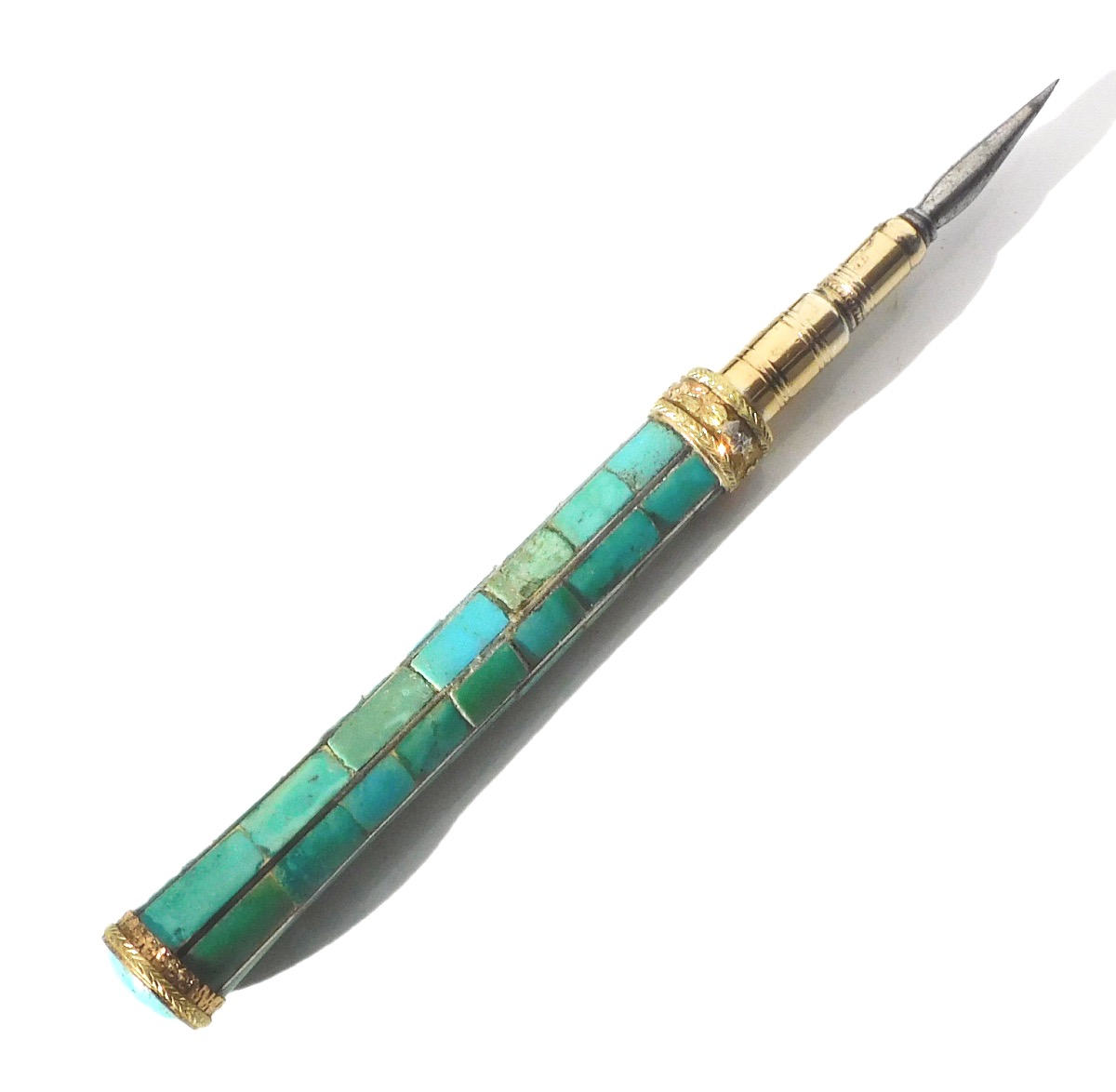 19th-century Embroidery Sewing Punch, Gold With Turquoises, For A Sewing Kit