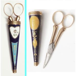 Etui émaillé sur vermeil Palais Royal ancien XIXe avec ciseaux or couture broderie