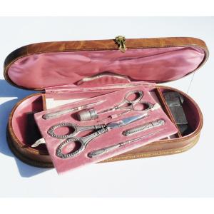 Old Sewing Kit Sterling Silver Sewing Scissors To Embroider Early Twentieth Leather Box