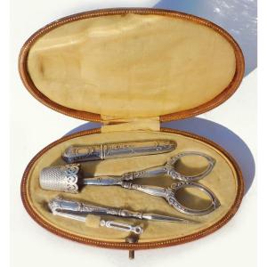 Sewing Kit Sterling Silver Scissors Thimble Needle Case Late 19th Century Early 20th Century