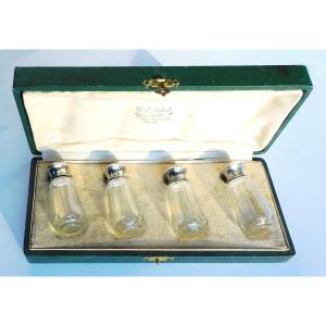 Box Set Of 4 Salt Cellars In Silver And Crystal 19th Century Minerva Hallmark