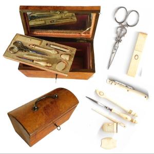 Box Set Sewing Necessary 19th Century Restoration Steel Scissors Tools Bone Ivory