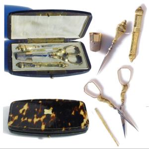 Antique Sewing Kit In Silver Gold Vermeil In A Napoleon III Tortoiseshell Box