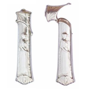 Etui à Aiguilles En Argent Massif Art Nouveau Signé Vernon Début XXe "les Fileuses"