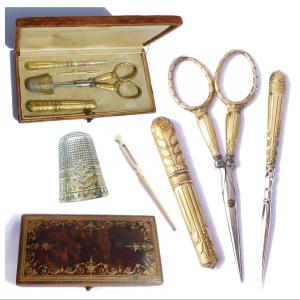 Sewing Kit In Silver Gold Vermeil In A Gilded Leather Box With Small Iron Late 19th Century