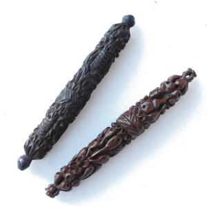 Lot Two Old Carved Corozo Needle Cases 