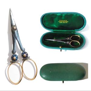 Small Pair Of Antique Scissors Late 18th Early 19th Century Steel Gold Stones In Moroccan Case