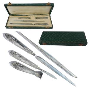 Coffret Nécessaire d'écriture Argent Massif Ouvre Lettre Sceau Porte Plume fin XIXe début XXe