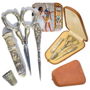 Nécessaire de couture ancien argent massif égyptomania Egypte ciseaux poinçon étui aiguilles 