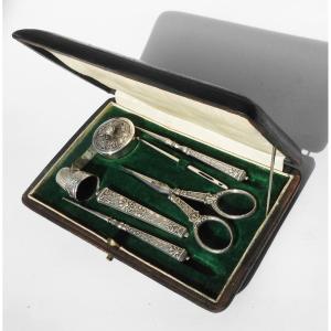 Early 20th Century Solid Silver Sewing Kit: Scissors, Thimble, Crochet Hook, Measuring Tape