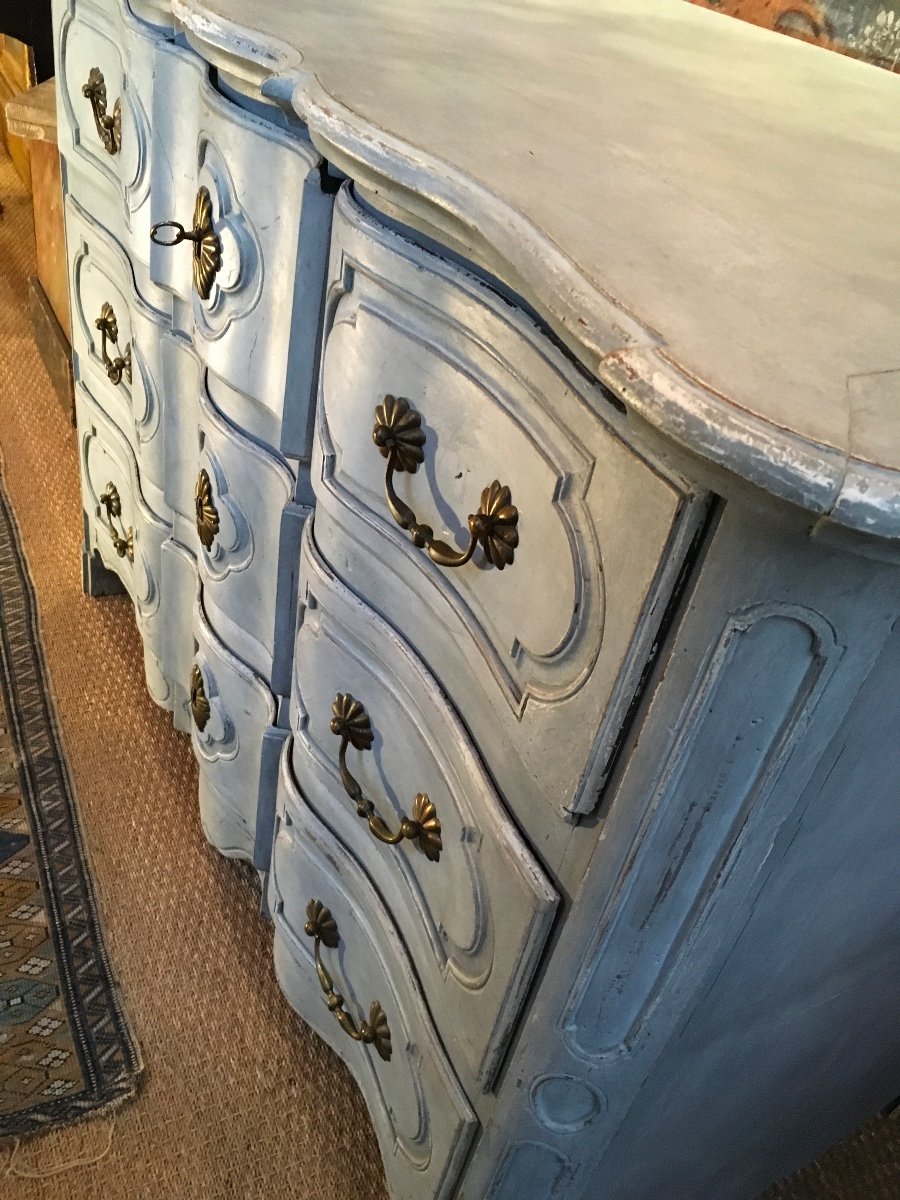 Commode Arbalète Peinte Ouvrant Sur 5 Tiroirs En Façade Avec Le Plateau Amovible D’époque 18 èm-photo-3
